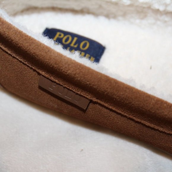NIB POLO RALPH LAUREN MEN'S SUEDE FUR LINED‎ BEAR BROWN SLIP ON SLIPPERS - Picture 5 of 7